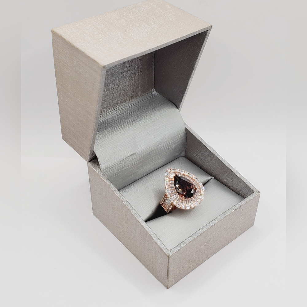 Smoky Quartz & Diamond Simulants 18k Rose Gold - 925 Silver Double Halo Ring - Picture 6 of 6